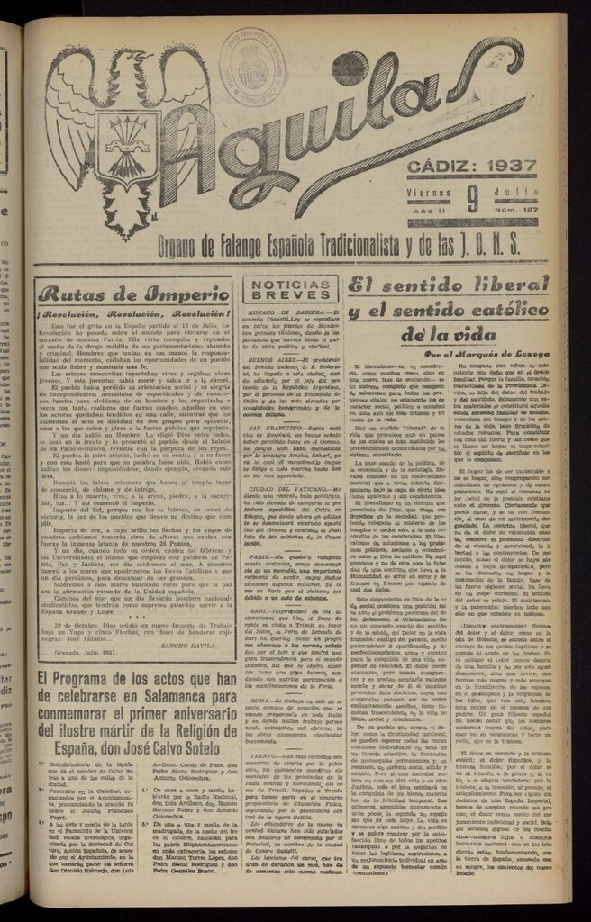 Miniatura de Águilas: Diario Nacional-Sindicalista del 9 de julio de 1937, nº 187