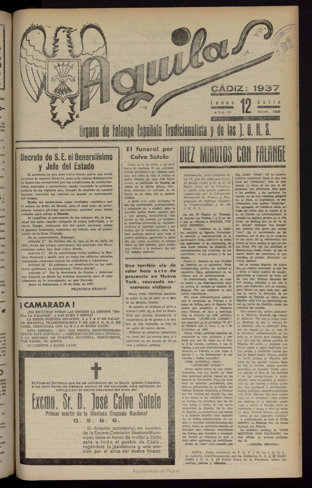 Miniatura de Águilas: Diario Nacional-Sindicalista del 12 de julio de 1937, nº 188