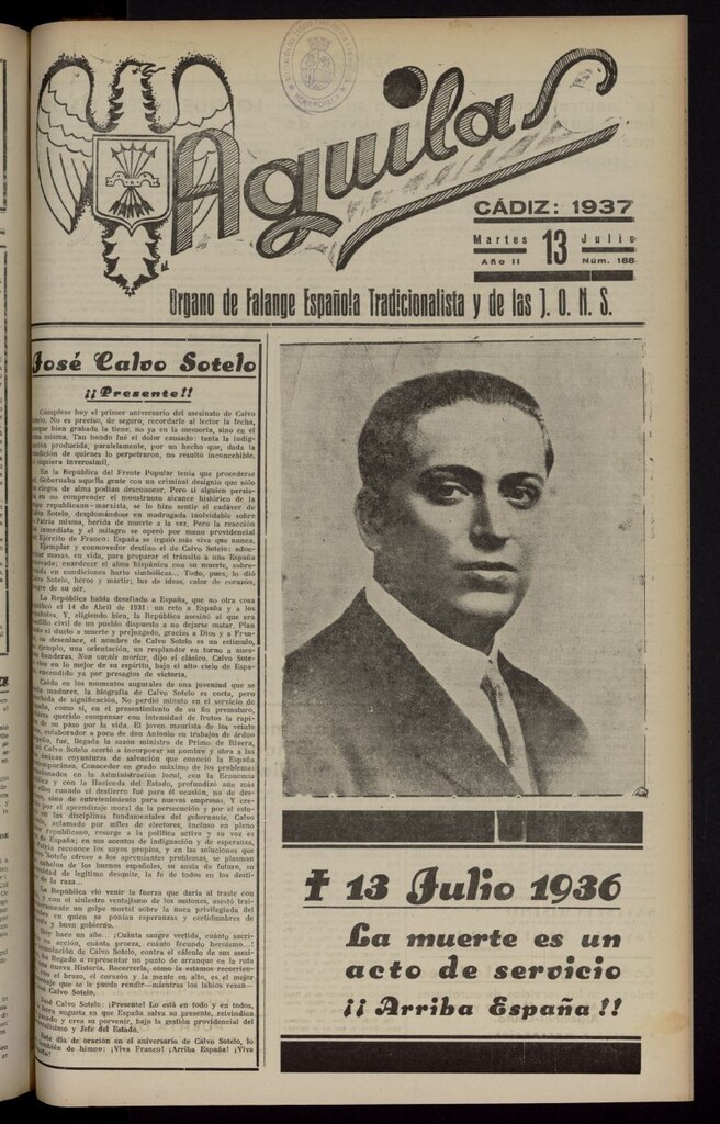 Miniatura de Águilas: Diario Nacional-Sindicalista del 13 de julio de 1937, nº 188