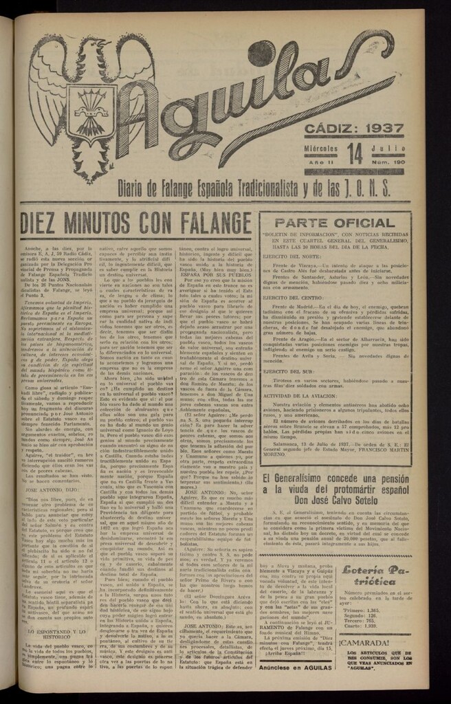 Miniatura de Águilas: Diario Nacional-Sindicalista del 14 de julio de 1937, nº 190