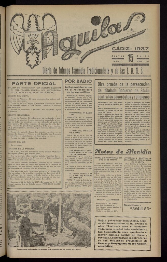 Miniatura de Águilas: Diario Nacional-Sindicalista del 15 de julio de 1937, nº 191