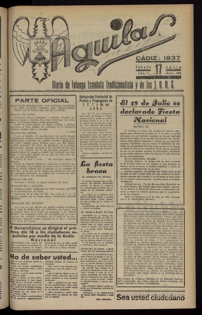 Miniatura de Águilas: Diario Nacional-Sindicalista del 17 de julio de 1937, nº 193