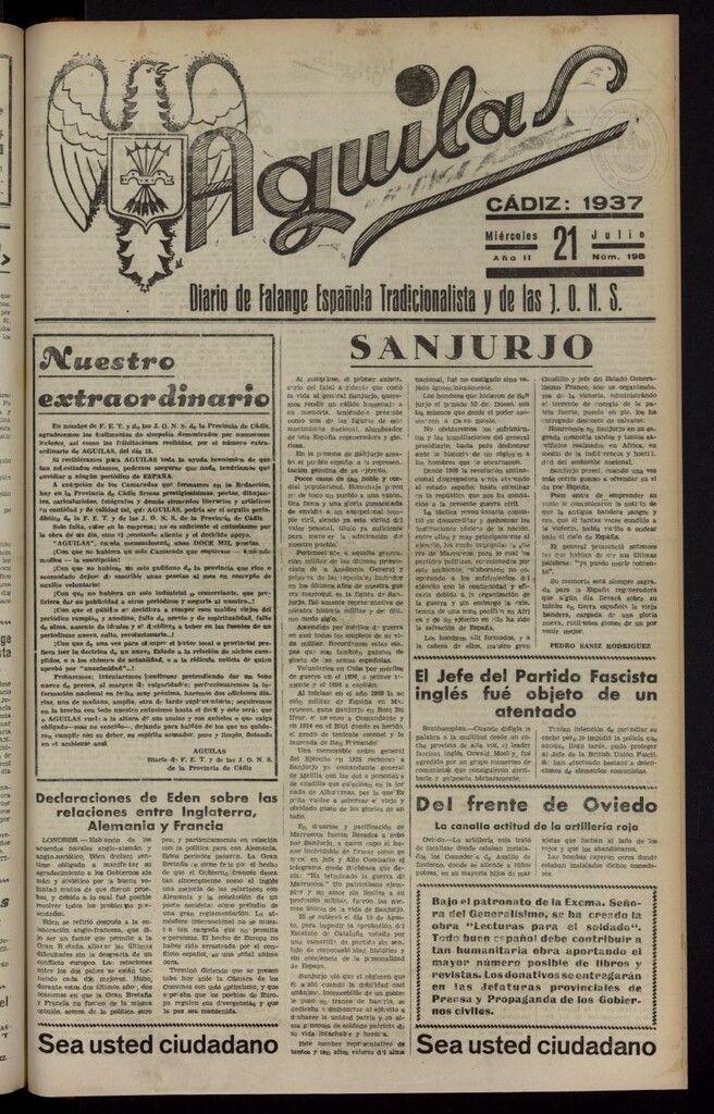 Miniatura de Águilas: Diario Nacional-Sindicalista del 21 de julio de 1937, nº 198