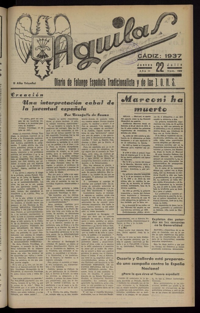 Miniatura de Águilas: Diario Nacional-Sindicalista del 22 de julio de 1937, nº 199