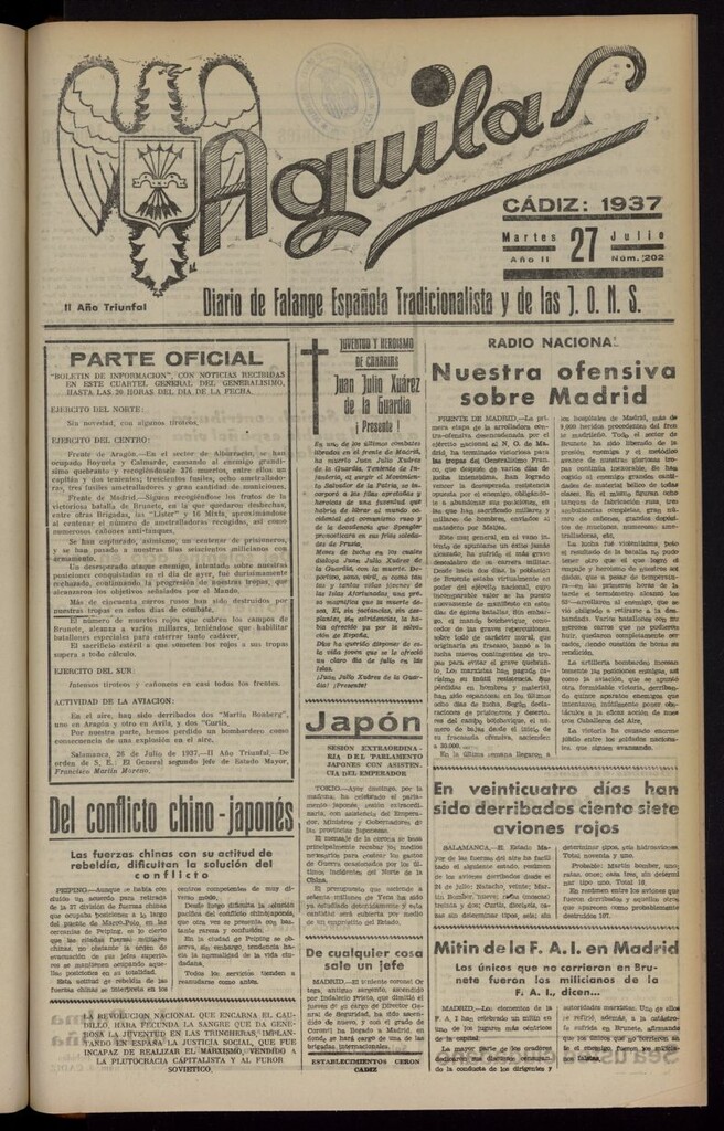 Miniatura de Águilas: Diario Nacional-Sindicalista del 27 de julio de 1937, nº 202