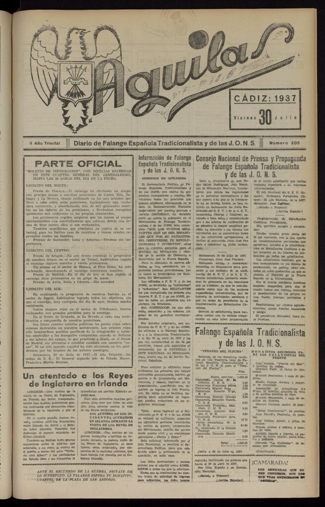 Miniatura de Águilas: Diario Nacional-Sindicalista del 30 de julio de 1937, nº 205