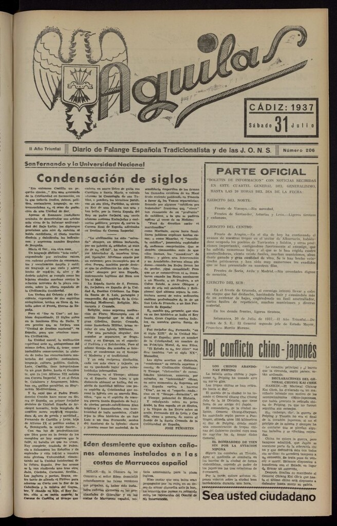 Miniatura de Águilas: Diario Nacional-Sindicalista del 31 de julio de 1937, nº 206