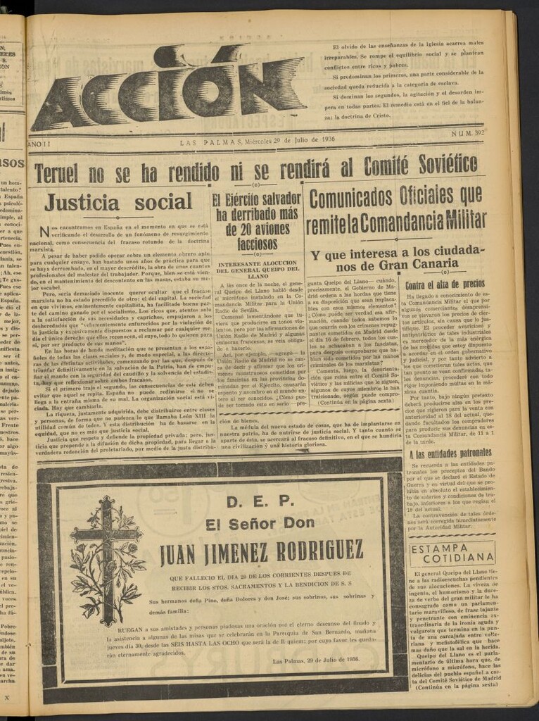 Miniatura de Acción (Las Palmas de Gran Canaria) del 29 de julio de 1936, nº 392