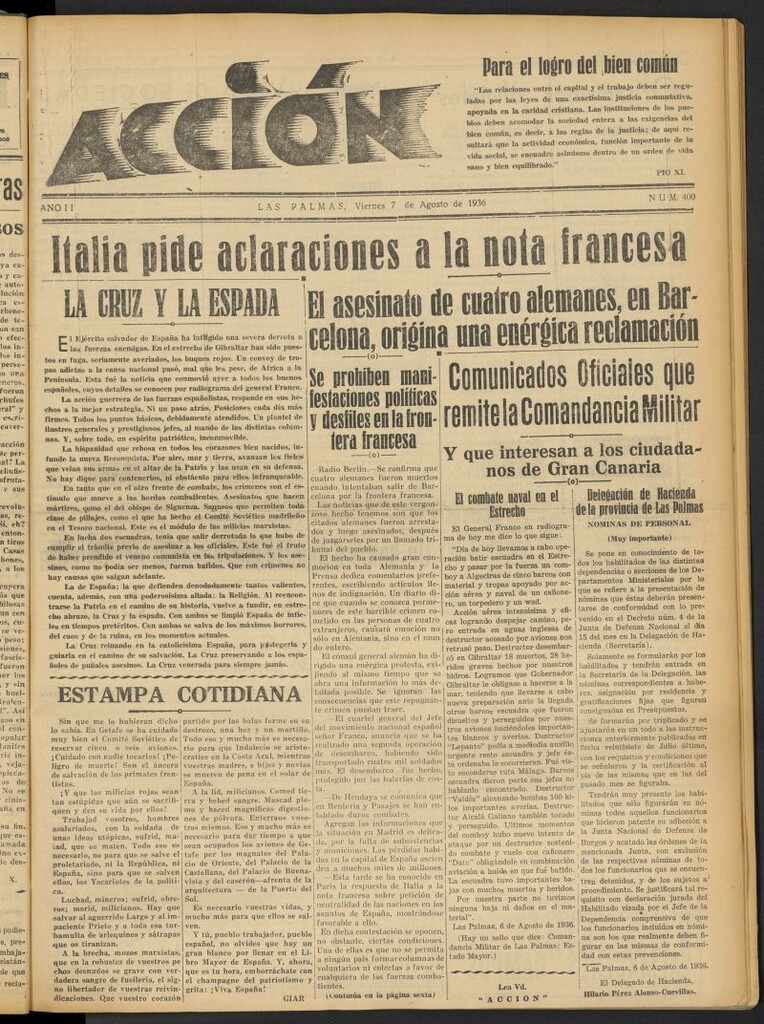 Miniatura de Acción (Las Palmas de Gran Canaria) del 7 de agosto de 1936, nº 400