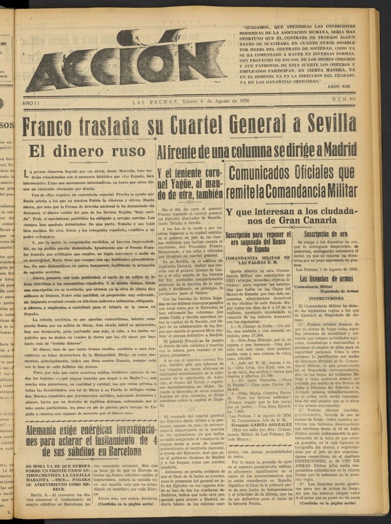 Miniatura de Acción (Las Palmas de Gran Canaria) del 8 de agosto de 1936, nº 401