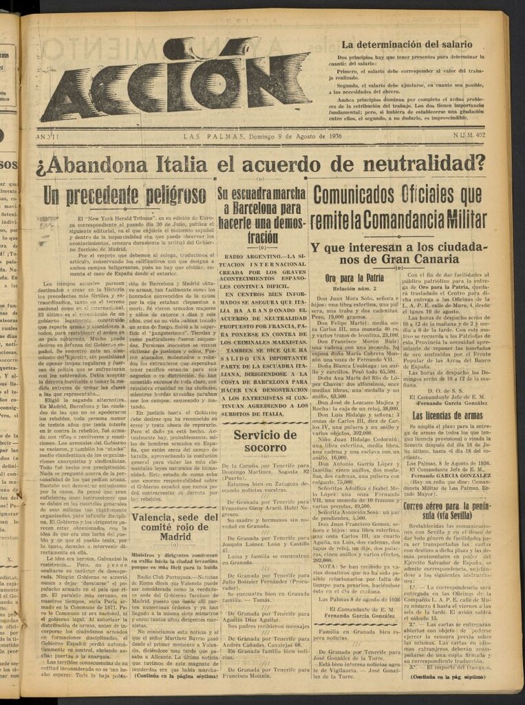 Miniatura de Acción (Las Palmas de Gran Canaria) del 9 de agosto de 1936, nº 402