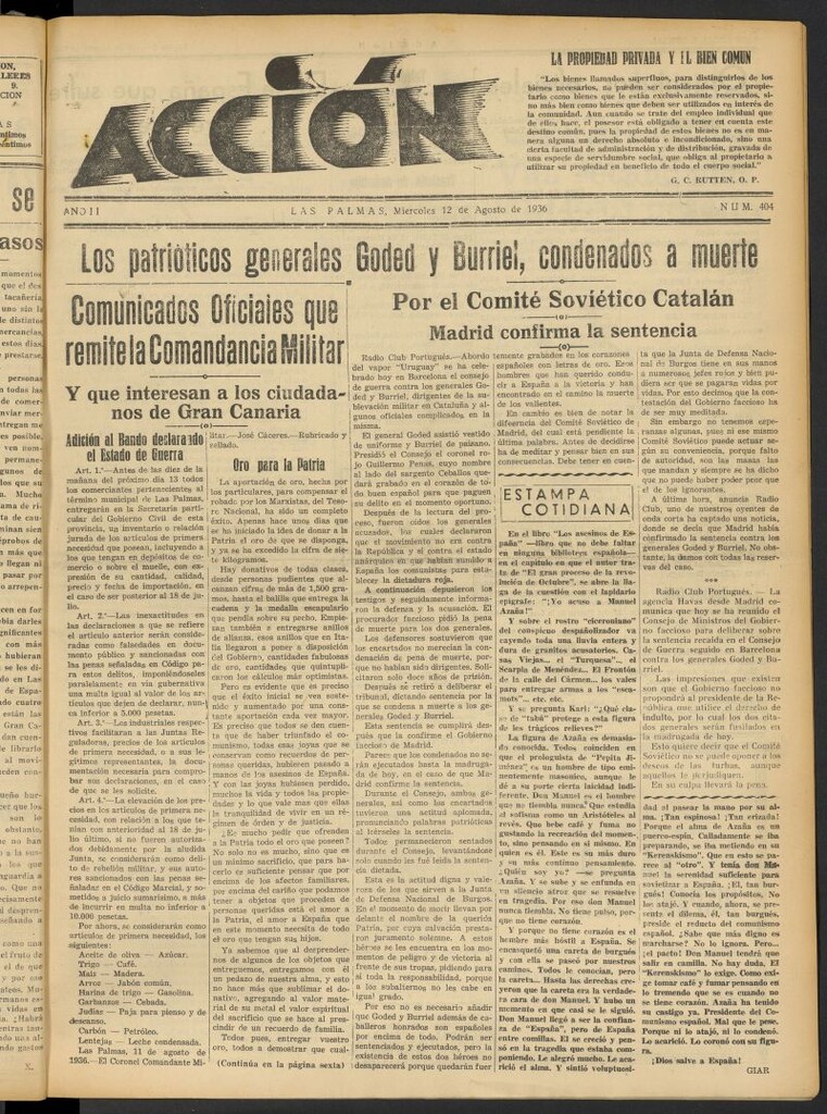 Miniatura de Acción (Las Palmas de Gran Canaria) del 12 de agosto de 1936, nº 404