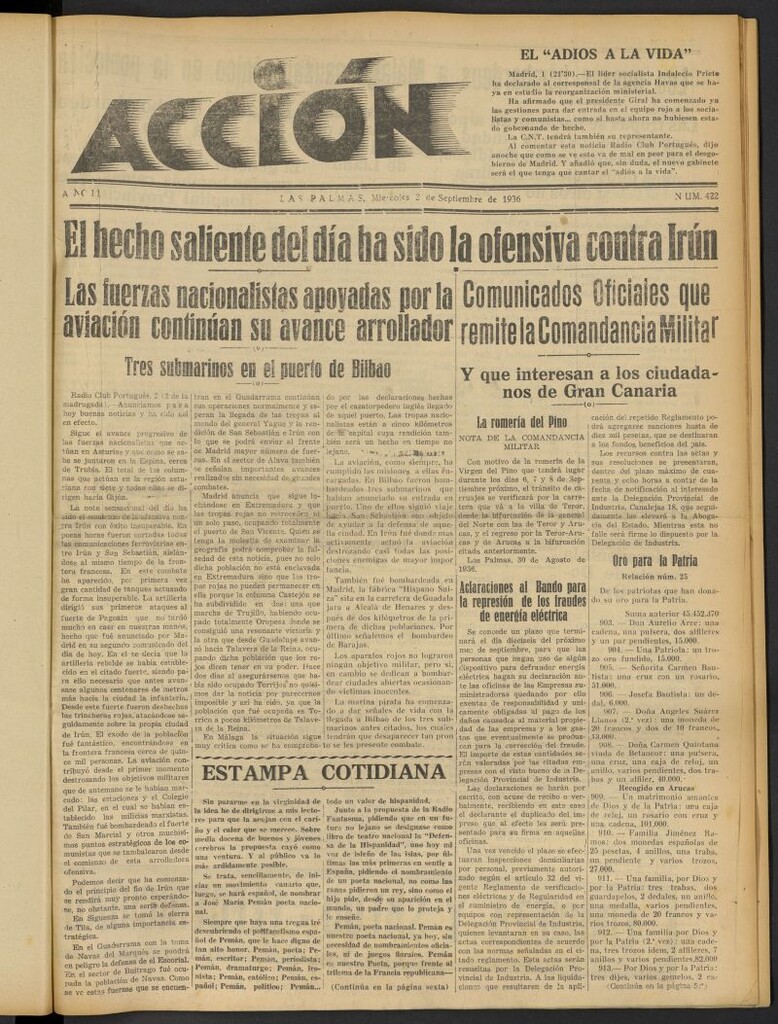 Miniatura de Acción (Las Palmas de Gran Canaria) del 2 de septiembre de 1936, nº 422