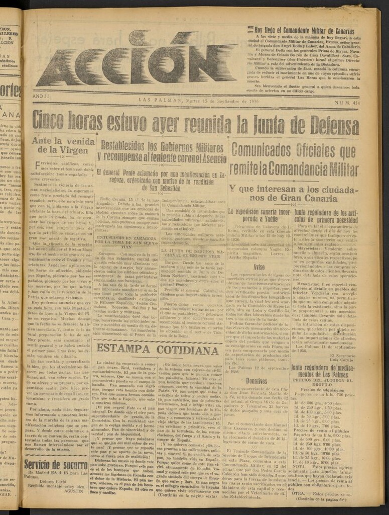 Miniatura de Acción (Las Palmas de Gran Canaria) del 15 de septiembre de 1936, nº 414 [sic]