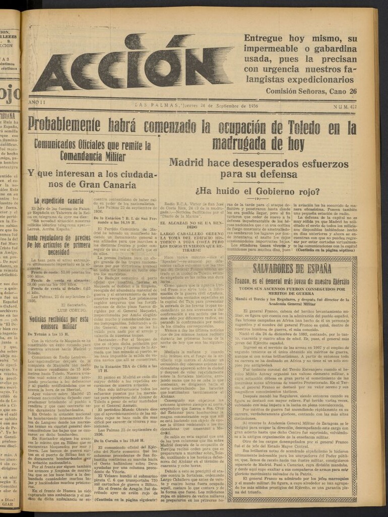 Miniatura de Acción (Las Palmas de Gran Canaria) del 24 de septiembre de 1936, nº 422