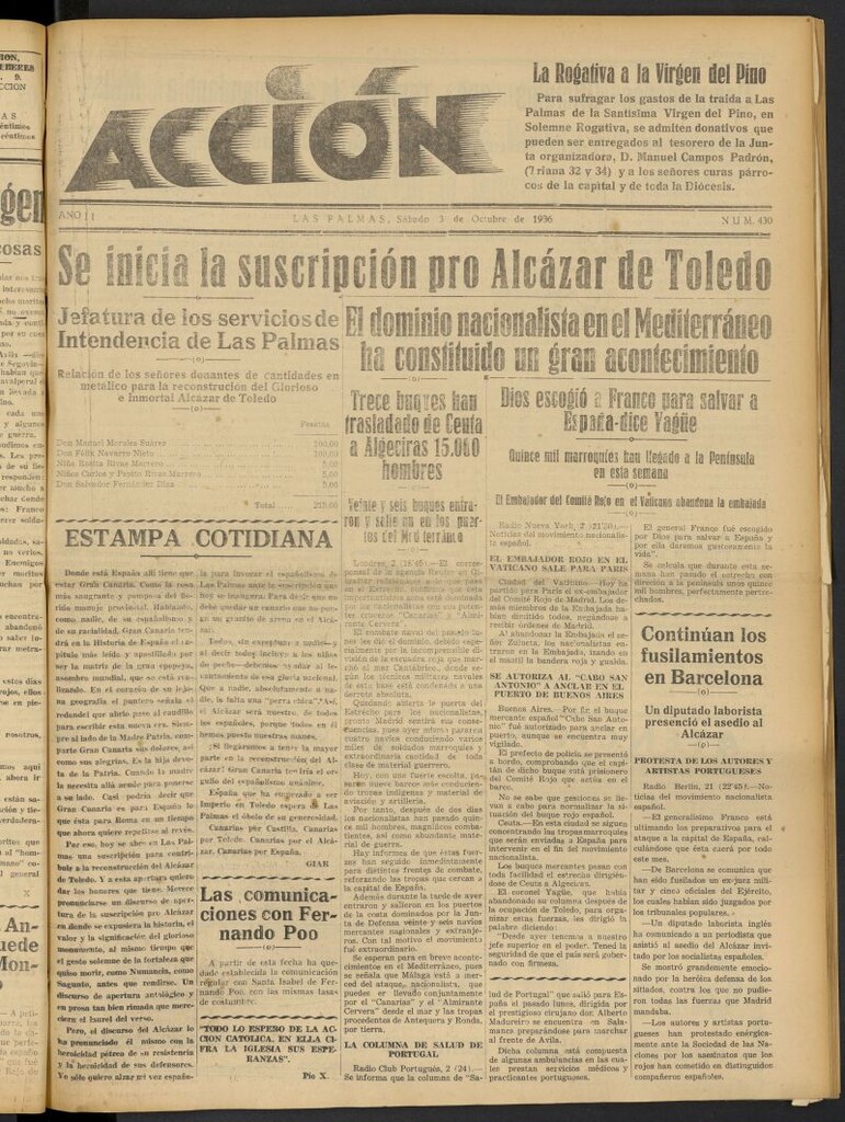 Miniatura de Acción (Las Palmas de Gran Canaria) del 3 de octubre de 1936, nº 430