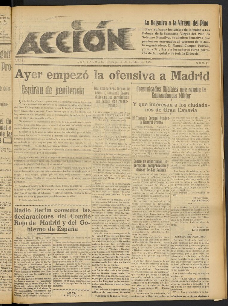 Miniatura de Acción (Las Palmas de Gran Canaria) del 4 de octubre de 1936, nº 431