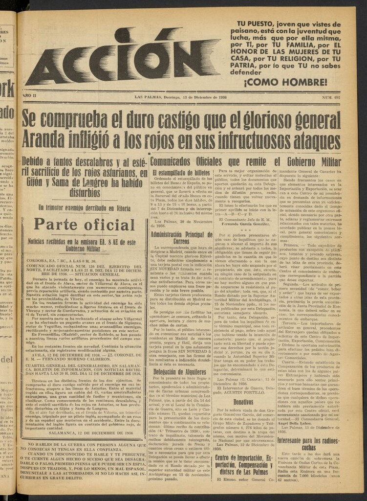Miniatura de Acción (Las Palmas de Gran Canaria) del 13 de diciembre de 1936, nº 492