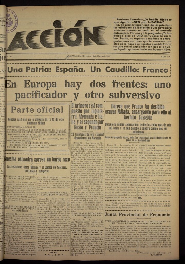 Miniatura de Acción (Las Palmas de Gran Canaria) del 13 de enero de 1937, nº 516