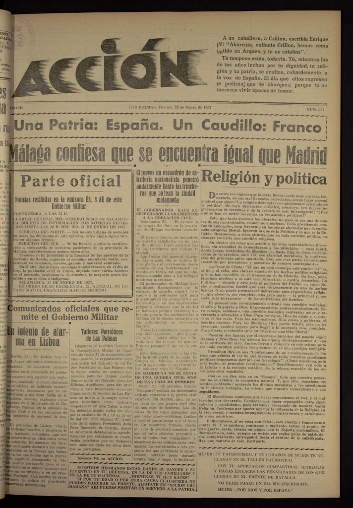 Miniatura de Acción (Las Palmas de Gran Canaria) del 22 de enero de 1937, nº 524