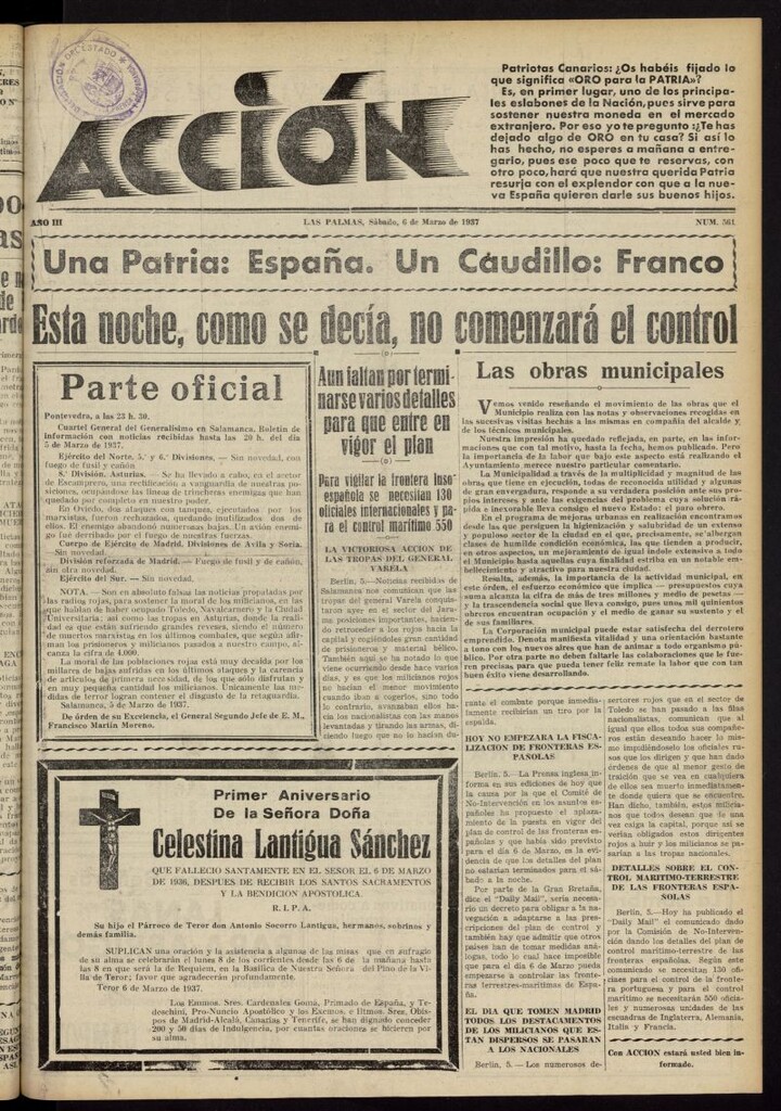 Miniatura de Acción (Las Palmas de Gran Canaria) del 6 de marzo de 1937, nº 561