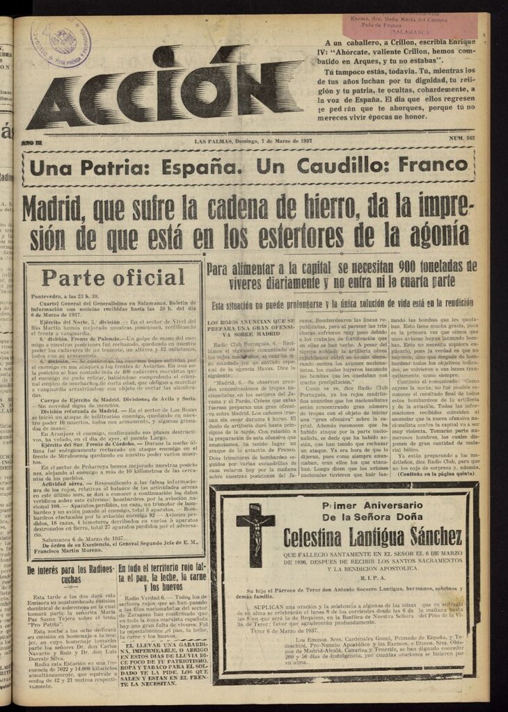 Miniatura de Acción (Las Palmas de Gran Canaria) del 7 de marzo de 1937, nº 562