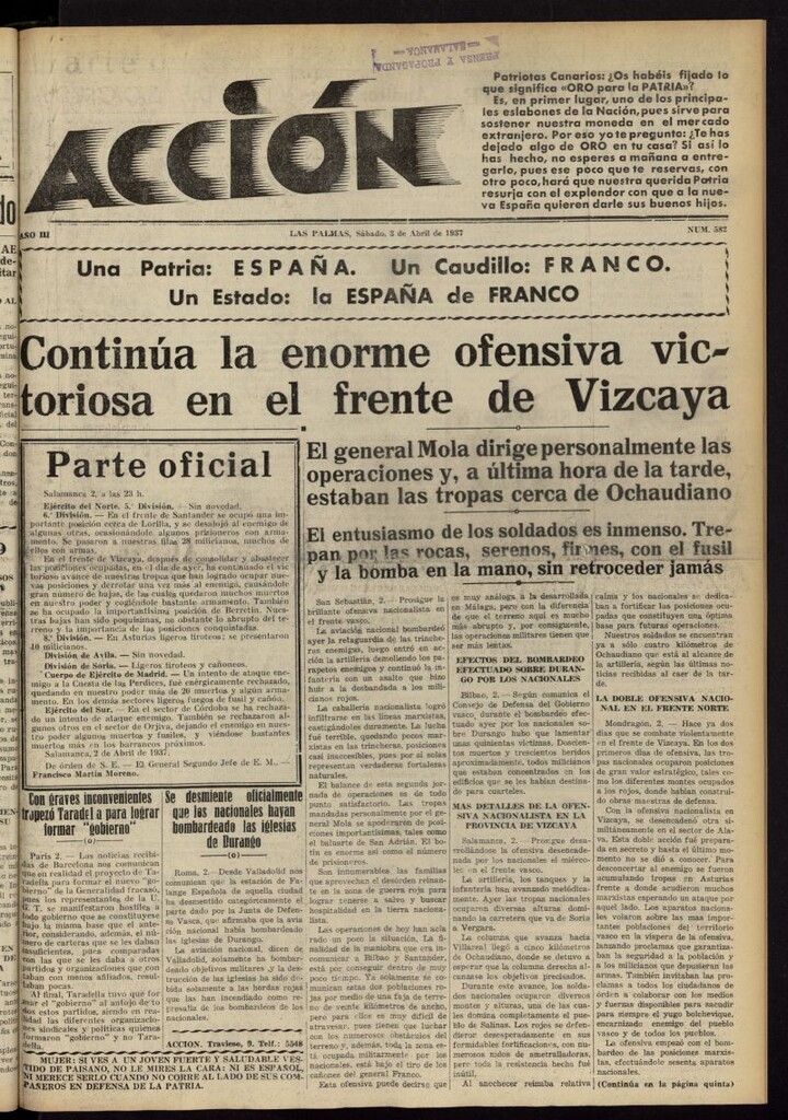 Miniatura de Acción (Las Palmas de Gran Canaria) del 3 de abril de 1937, nº 582
