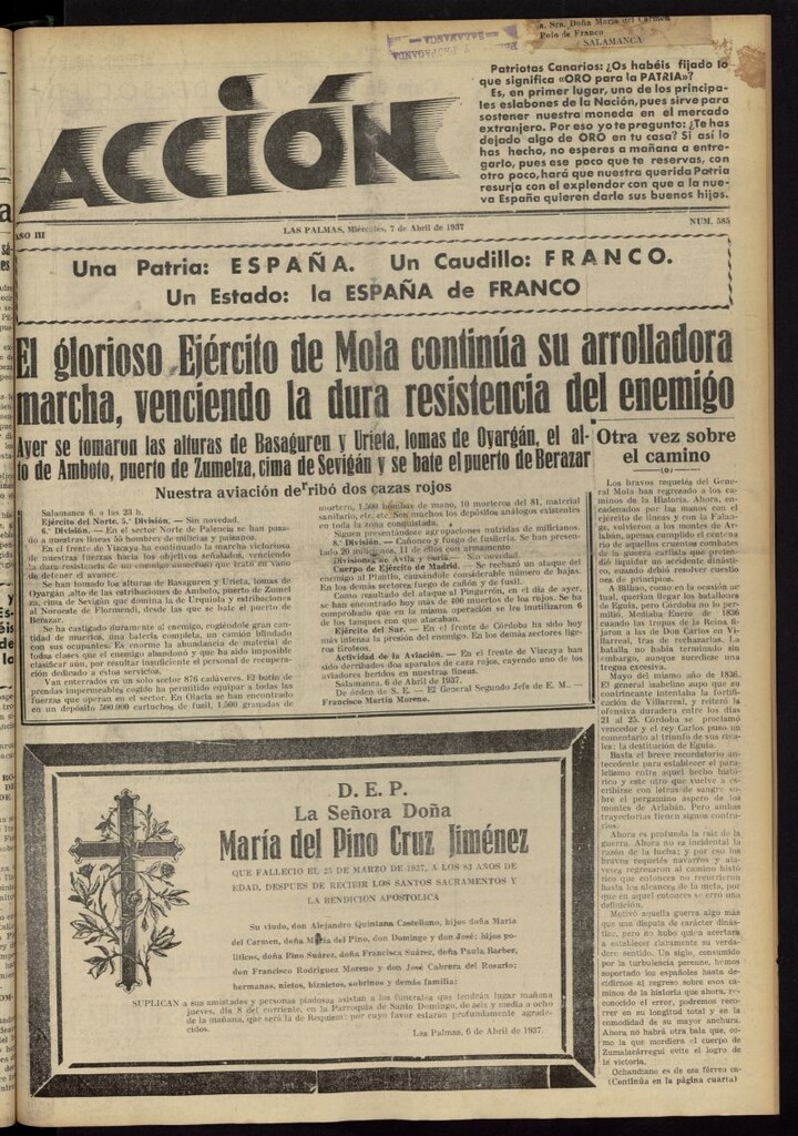 Miniatura de Acción (Las Palmas de Gran Canaria) del 7 de abril de 1937, nº 585