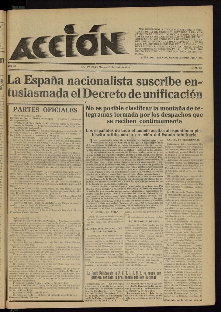 Miniatura de Acción (Las Palmas de Gran Canaria) del 27 de abril de 1937, nº 602