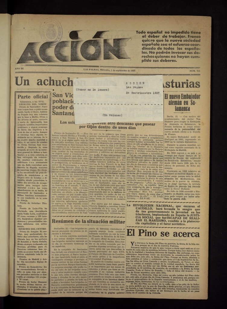 Miniatura de Acción (Las Palmas de Gran Canaria) del 1 de septiembre de 1937, nº 711