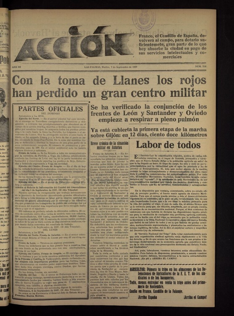 Miniatura de Acción (Las Palmas de Gran Canaria) del 7 de septiembre de 1937, nº 716