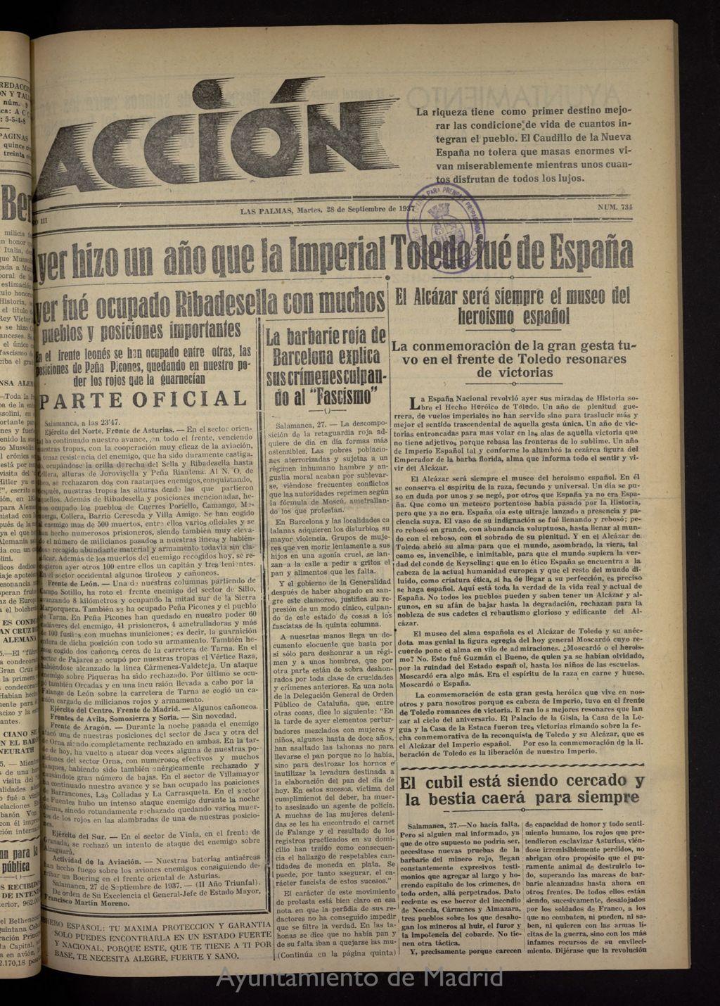 Miniatura de Acción (Las Palmas de Gran Canaria) del 28 de septiembre de 1937, nº 734