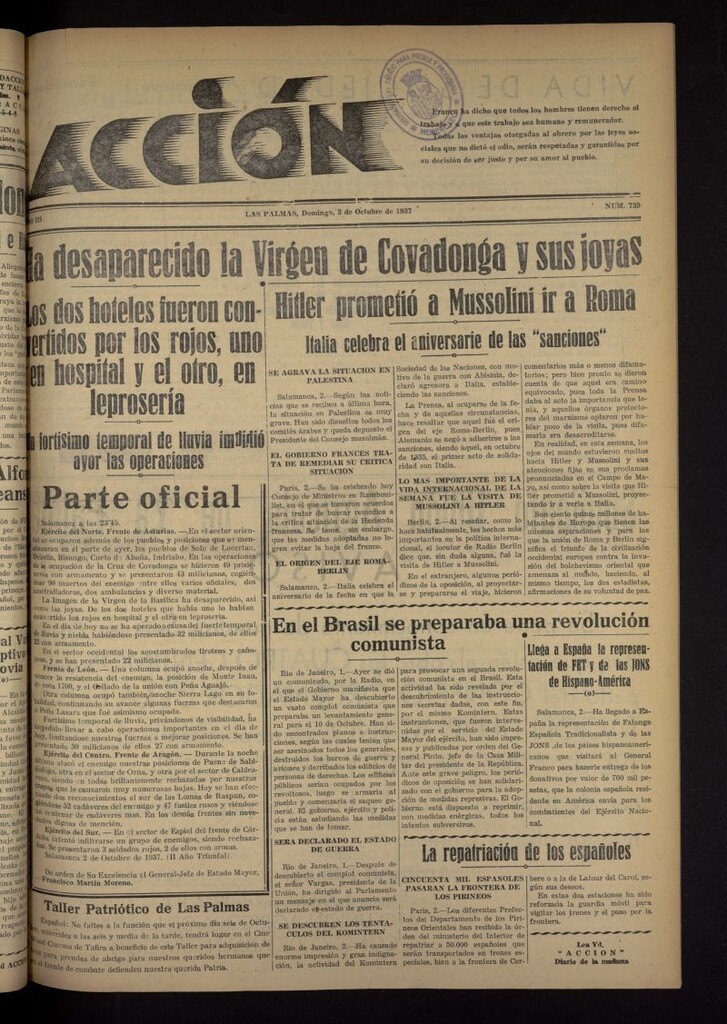 Miniatura de Acción (Las Palmas de Gran Canaria) del 3 de octubre de 1937, nº 739