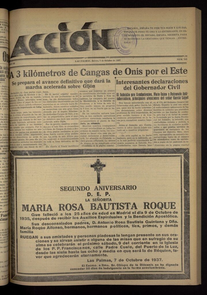 Miniatura de Acción (Las Palmas de Gran Canaria) del 7 de octubre de 1937, nº 742