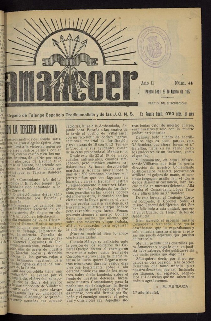 Miniatura de Amanecer : órgano de la Falange Tradicionalista y de las J.O.N.S. del 23 de agosto de 1937, nº 44