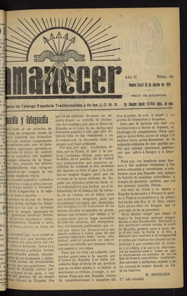 Miniatura de Amanecer : órgano de la Falange Tradicionalista y de las J.O.N.S. del 30 de agosto de 1937, nº 45