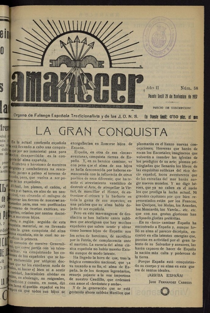 Miniatura de Amanecer : órgano de la Falange Tradicionalista y de las J.O.N.S. del 29 de noviembre de 1937, nº 58