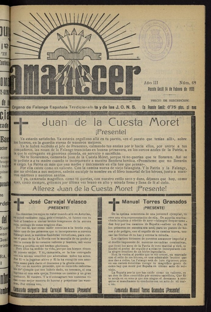 Miniatura de Amanecer : órgano de la Falange Tradicionalista y de las J.O.N.S. del 14 de febrero de 1938, nº 68