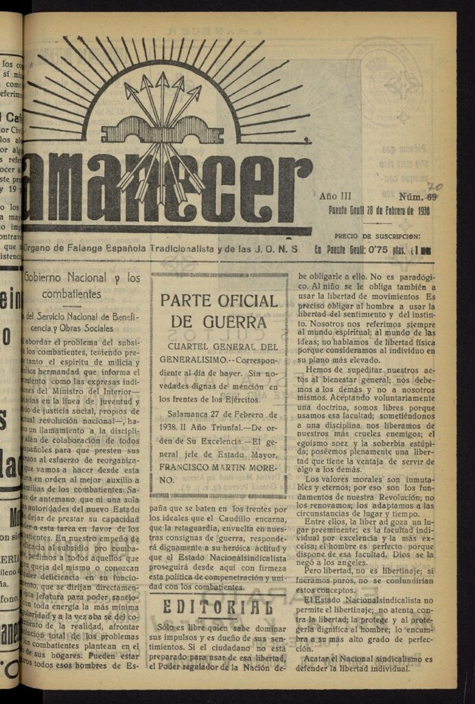 Miniatura de Amanecer : órgano de la Falange Tradicionalista y de las J.O.N.S. del 28 de febrero de 1938, nº 70