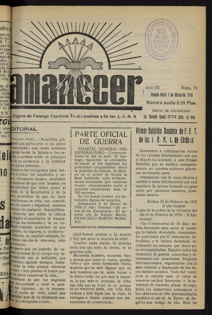 Miniatura de Amanecer : órgano de la Falange Tradicionalista y de las J.O.N.S. del 7 de marzo de 1938, nº 71