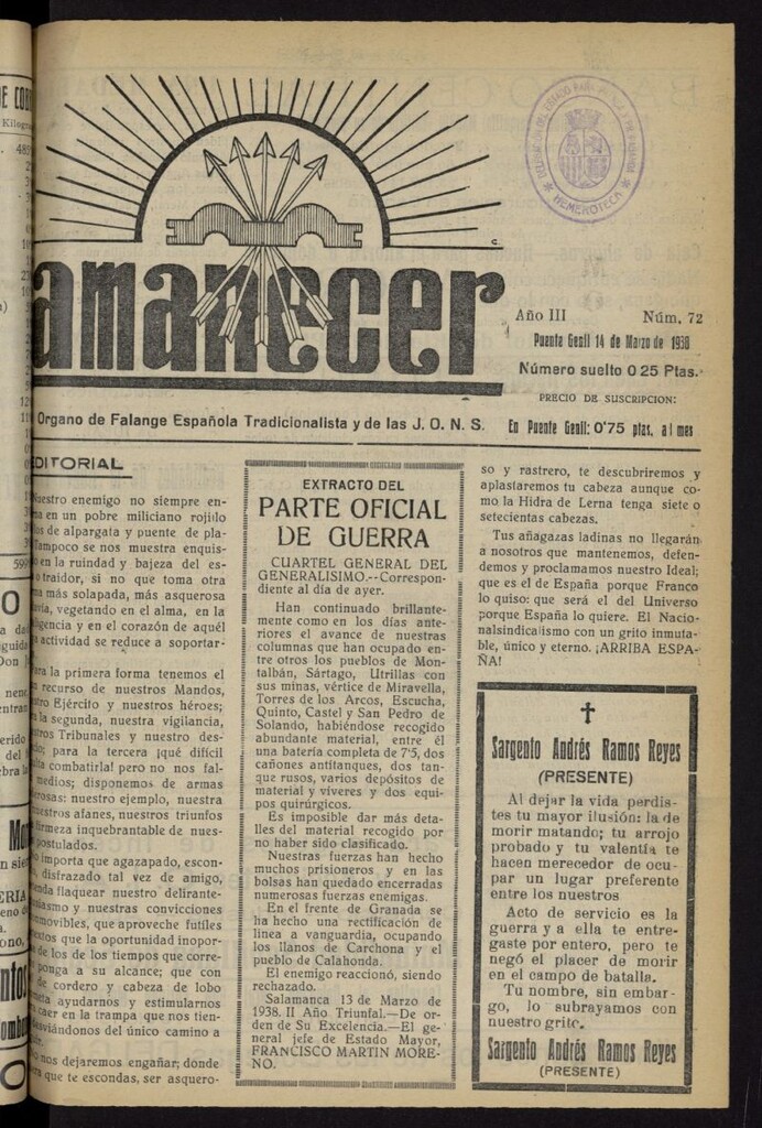 Miniatura de Amanecer : órgano de la Falange Tradicionalista y de las J.O.N.S. del 14 de marzo de 1938, nº 72