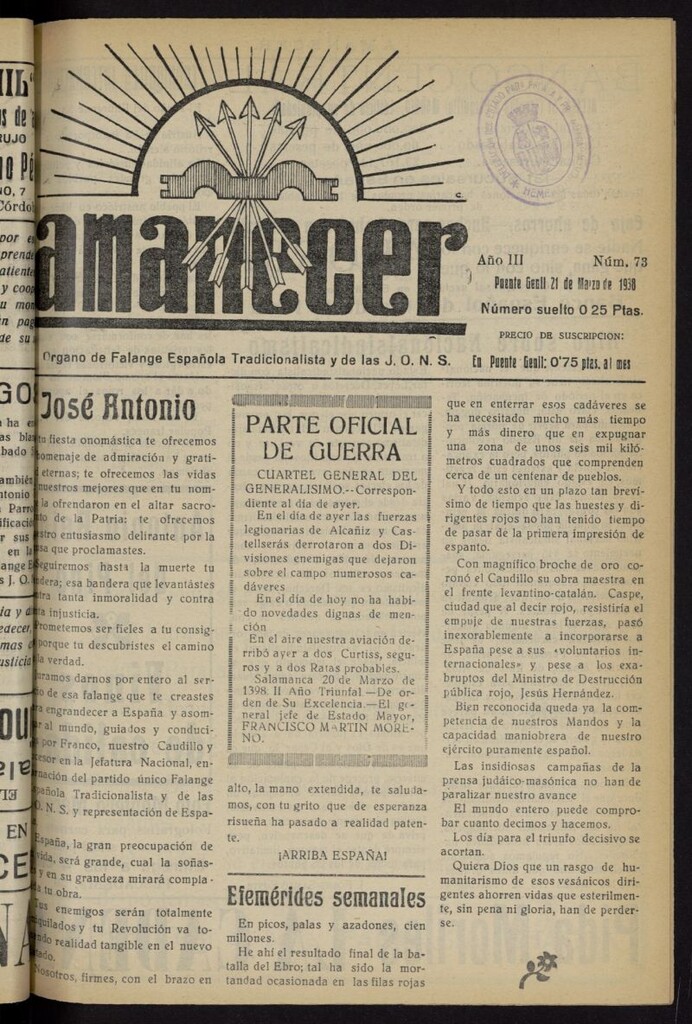 Miniatura de Amanecer : órgano de la Falange Tradicionalista y de las J.O.N.S. del 21 de marzo de 1938, nº 73