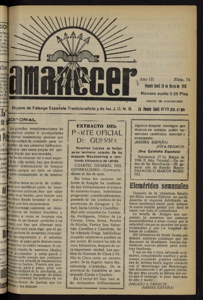 Miniatura de Amanecer : órgano de la Falange Tradicionalista y de las J.O.N.S. del 28 de marzo de 1938, nº 74