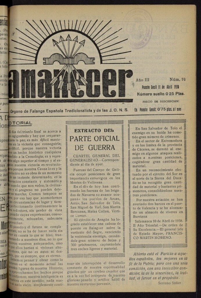 Miniatura de Amanecer : órgano de la Falange Tradicionalista y de las J.O.N.S. del 11 de abril de 1938, nº 76