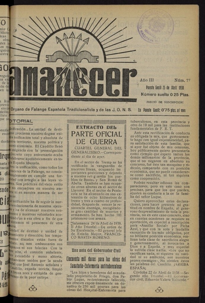Miniatura de Amanecer : órgano de la Falange Tradicionalista y de las J.O.N.S. del 25 de abril de 1938, nº 77