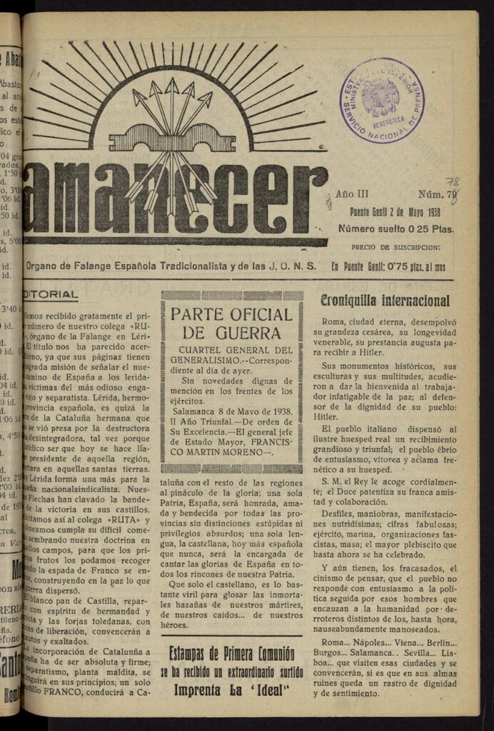 Miniatura de Amanecer : órgano de la Falange Tradicionalista y de las J.O.N.S. del 2 de mayo de 1938, nº 78