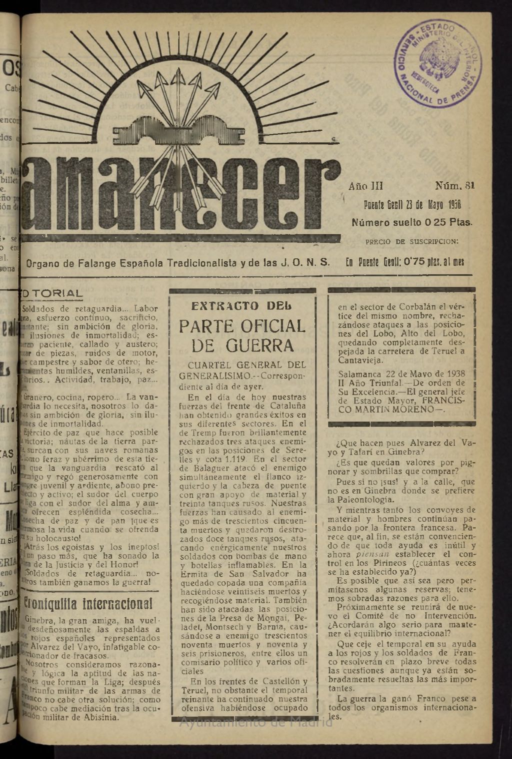 Miniatura de Amanecer : órgano de la Falange Tradicionalista y de las J.O.N.S. del 23 de mayo de 1938, nº 81