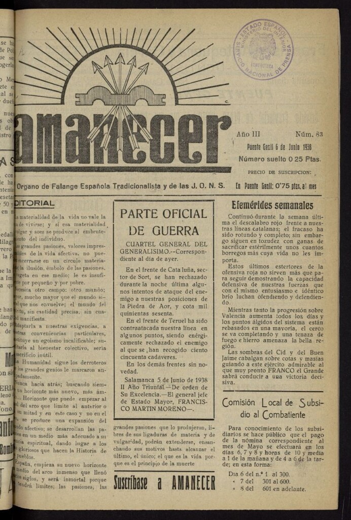 Miniatura de Amanecer : órgano de la Falange Tradicionalista y de las J.O.N.S. del 6 de junio de 1938, nº 83