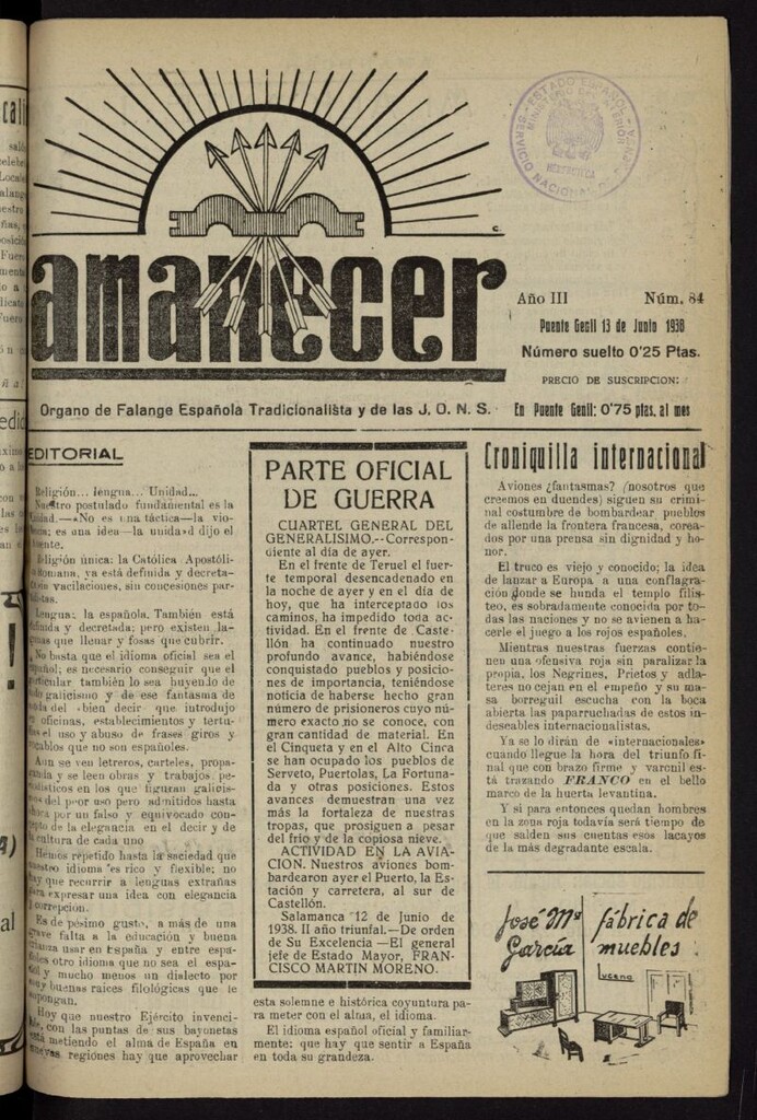 Miniatura de Amanecer : órgano de la Falange Tradicionalista y de las J.O.N.S. del 13 de junio de 1938, nº 84