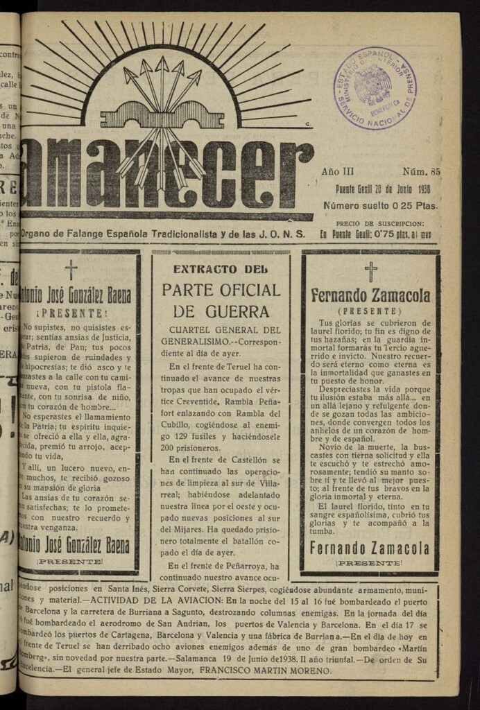 Miniatura de Amanecer : órgano de la Falange Tradicionalista y de las J.O.N.S. del 20 de junio de 1938, nº 85